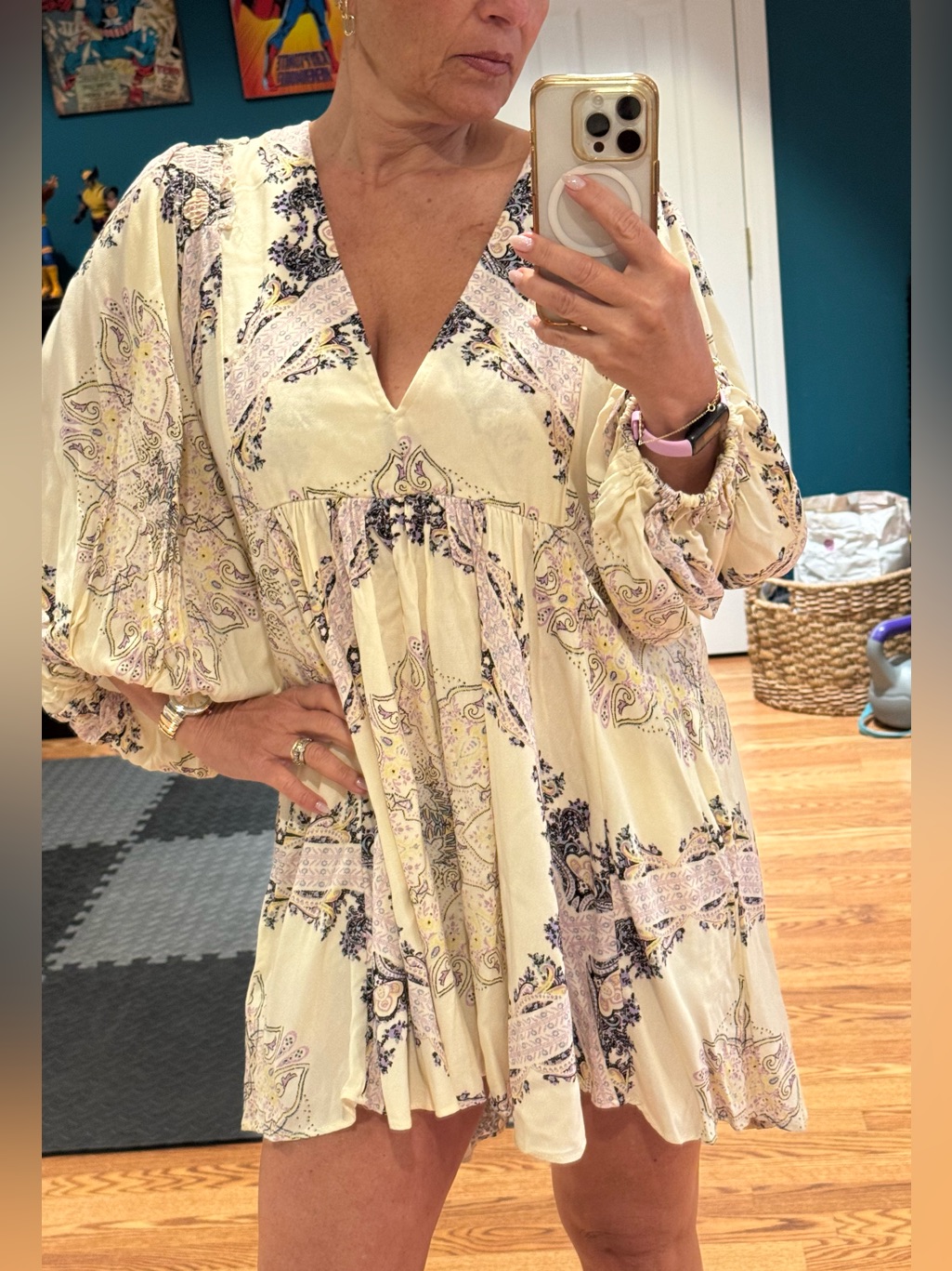 Free People Cream Paisley V-Neck Boho Mini Dress